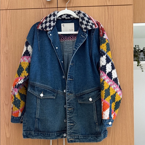 Anthropologie Pilcro Crochet Denim sweater Jacket with Patterned Sleeves XS - Picture 6 of 12